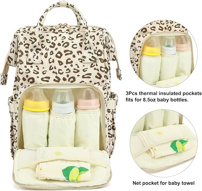 Corduroy Diaper Bag Backpack for Baby Girls Boys, Women Large Nappy Bags for Mom (Beige Corduroy Leopard) - Image 3