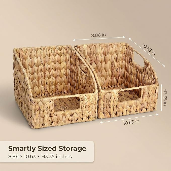 DEILSY™ Water Hyacinth Wicker Storage Baskets for Shelves with Handles 2pk | wicker basket with built-in handles, woven basket, ideal for towels, toys, pantry items and everyday home organization - Image 2