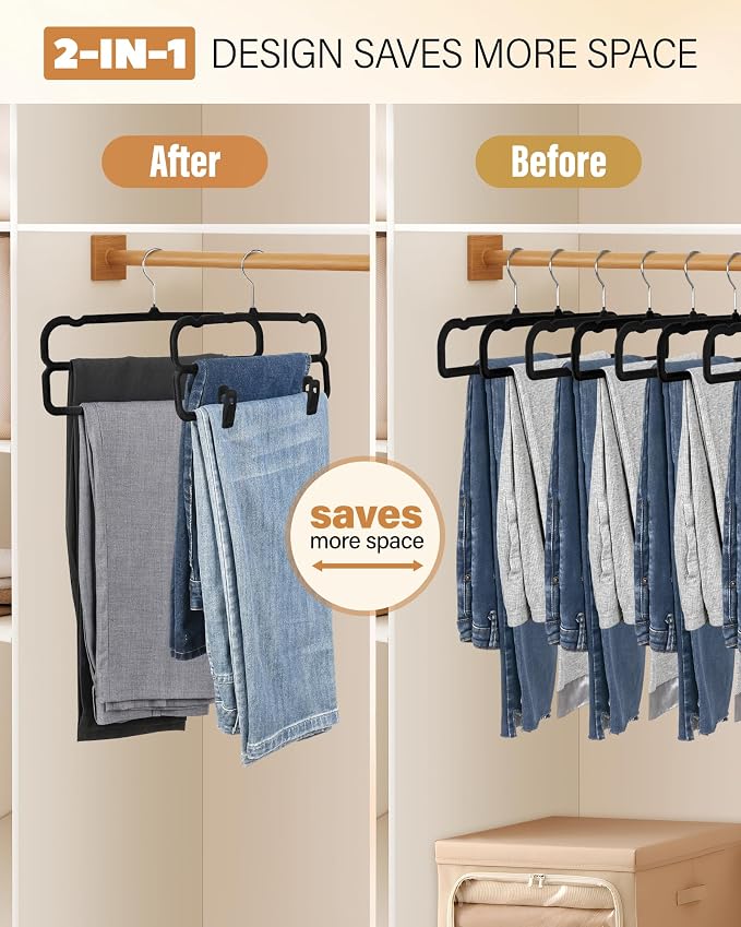 WJWSKI Velvet Pants Hangers with Double Non Slip Bar - with Adjustable Clips- Thin Space Saving Clothes Hanger - 360° Swivel Felt Trouser Hanger Perchas Terciopelo 10 Pack (Black) - Image 3