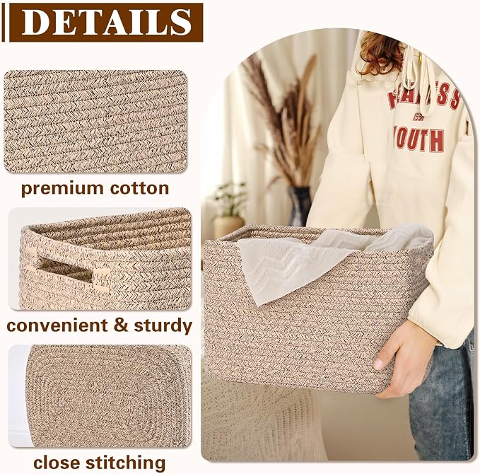 Storage Baskets for Organizing, 4 Pack Baskets for Shelves, Decorative Storage Bins for Shelves, Cotton Rope Storage Basket with Handles, Woven Basket for Storage, 13''Lx8.7''Wx7.9''H, Brown - Image 5