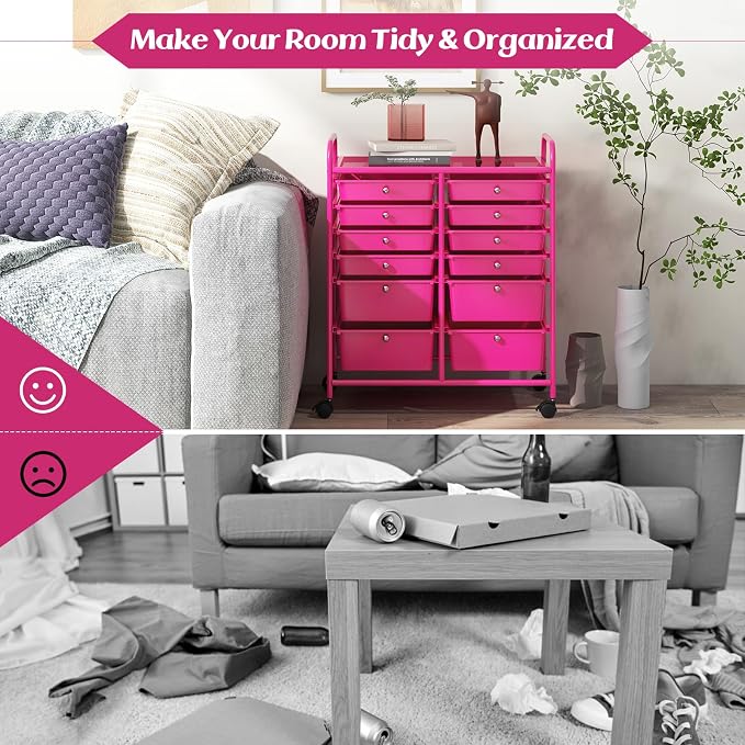 Moccha 12-Drawer Rolling Storage Cart - Utility Cart on Wheels with Lockable Casters for Craft Art Supply Paper Salon, Mobile Drawer Carts for Classroom Teacher School Office (Hot Pink) - Image 8