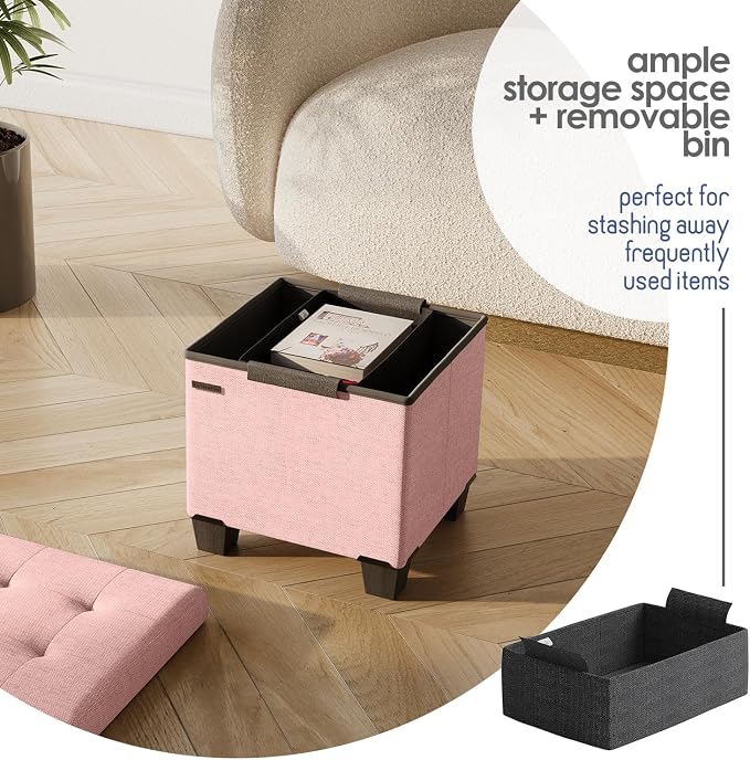 Storage Ottoman Cube with Small Bin, 15-in Square Ottoman with Storage for Living Room and Bedroom, Small Ottomans Foot Rest, Fabric Foot Stools Ottomans Max 330lbs, Pink - Image 4