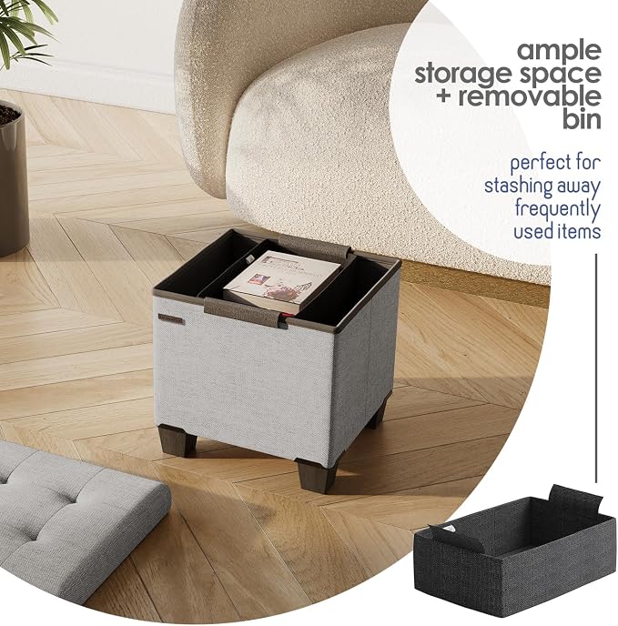 Storage Ottoman Cube with Small Bin, 15-in Square Ottoman with Storage for Living Room and Bedroom, Small Ottomans Foot Rest, Fabric Foot Stools Ottomans Max 330lbs, Light Grey - Image 3