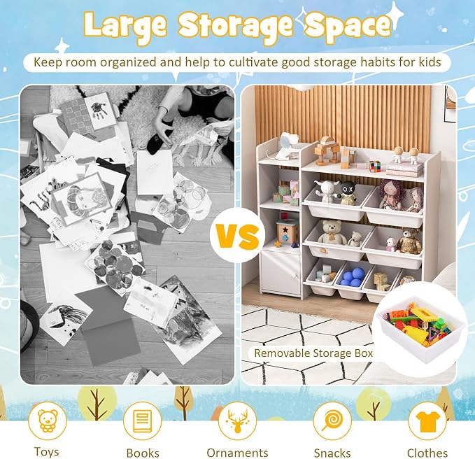 Costzon Kids Toy Storage Organizer, 4-Tier Bookshelf Storage Cabinet w/8 Removable Bins, Preschool Children's Montessori Bookshelf w/Large Cabinet for Playroom, Daycare, Kids Room, Classroom - Image 4