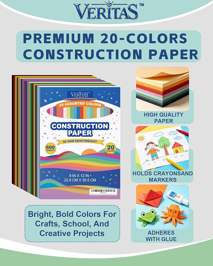 Veritas Construction Paper Assorted Colors, 9 x 12, 600 Sheets Bulk Pack, 20 Bright Colors,Colored Craft Paper,for Art Projects, Office Use, DIY Crafts, Home & Studio Supplies - Image 3