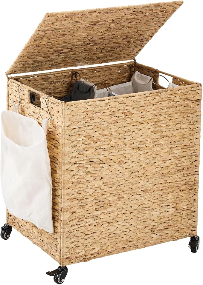 Laundry Hamper with Wheels, 40.92 Gallon(155L) Water Hyacinth Laundry Basket with Lid, 2-Section Wicker Clothes Hamper with 2 Removable Liners, Laundry Sorter with Side Pocket, Natural by ZeeingHom