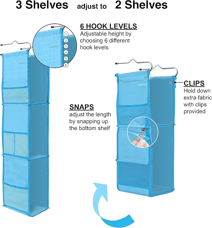 ABRA® 3 Shelf Hanging Locker Organizer for School, Gym, Work, Storage | Deep Shelves 6.5”x 9”| Eco-Friendly Fabric Healthy for Children | Adjustable School Locker Shelf from 3 to 2 Shelves (Sky Blue) - Image 5