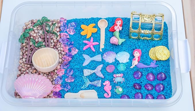 Mermaid Sensory Bin Kit for Kids | Blue Rice, Pinto Beans, Mermaids, Gems, Shells & Treasure Chest – Ocean-Themed Sensory Play with Storage Bin - Image 8