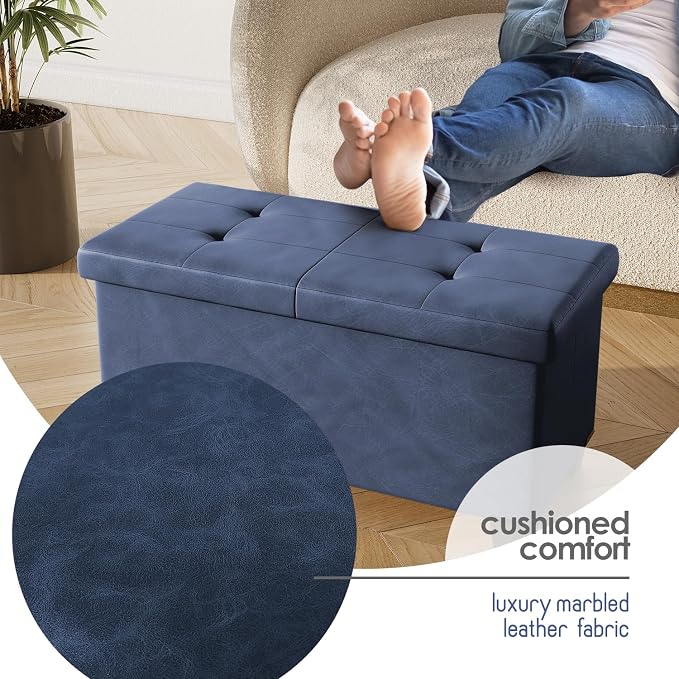 Storage Ottoman Bench with Bins, 30-in Storage Bench for Bedroom End of Bed, Folding Foot Rest Ottoman for Living Room Max 660lbs, Leather Ottomans, Blue - Image 8