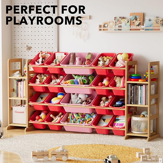 SpaceAid Toy Storage Organizer with 6 Shelves and 20 Bins, Toy Organizers Storage Bookshelf, Kids Bin Shelf Toys Box Bookcase for Bedroom Playroom Organization Room Decor, Red and Pink - Image 4