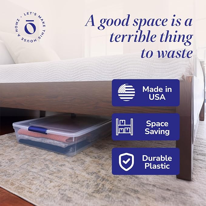 HOMZ Under Bed Clear Plastic Storage Bin w/Lid, 60 Qt, Blue Latch, 2 Pack | Heavy-Duty Stackable Containers, Large Organizer Box for Homes, Offices, and Garages - Image 5