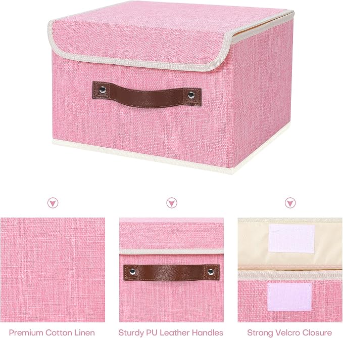 ANMINY Fabric Storage Box Bins with Lids, Pink, 10"x8"x7", 2 Pack | Keepsake Memory Storage, Cotton Linen, PP Board Reinforced, Washable, PU Handles, Foldable & Stackable, Decorative, Small - Image 3