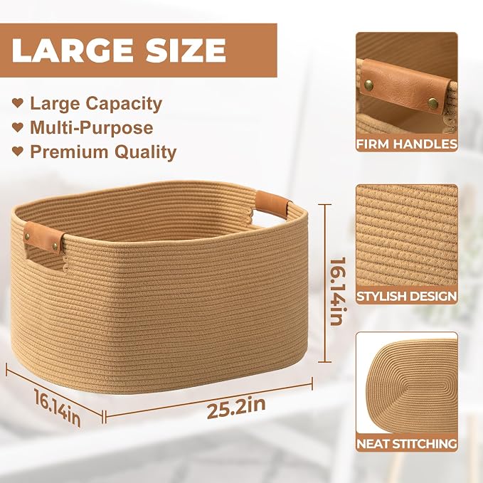 108 L Blanket Basket for Living Room, Toy Basket With Leather Handle, Large Storage Bins for Toys, Pillows, Clothes, Rectangle Large Cotton Rope Basket, 25’’*16’’*16’’ Jute - Image 2