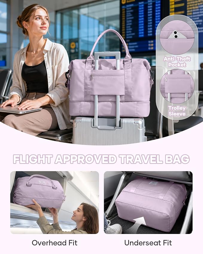 Travel Duffel Weekender Bag Women Tote Carry On Bags With Shoe Compartment | 18x14x8 inches Travel Overnight Bags with Trolley Sleeve for Airplanes Waterproof Sport Tote Gym with Toiletry Bag Purple.. - Image 2