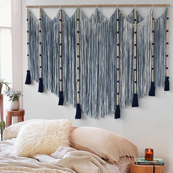 Jakalin Macrame Wall Hanging Blue Dip Dye Bead Boho Home Decor 57"x43" | Blue Dip-dye Cotton Cord, Handwoven Beadwork, Artisan Texture, Modern Boho Wall Decor, Home Accent Yarn Fiber Wall Art by Jakalin