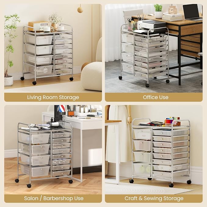 12 Drawer Rolling Storage Cart, Rolling Cart with Drawers for Classroom, Art Supply Craft Organizer on Wheel with Metal Frame & Handles for Home Office School (Clear, 12 Drawer Left-Right) - Image 7