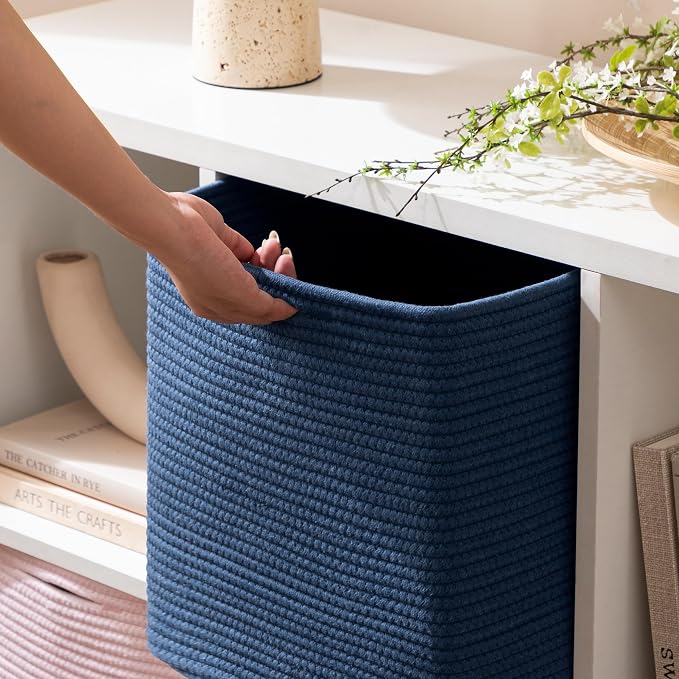joybest 11inch Cube Storage Bins, Cotton Rope Woven Organizer Basket | Set of 4 Cube Bin Square Shelves Organizer Closet Storage, Nursery, Toy Organization, Navy Blue - Image 3