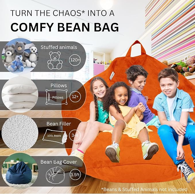 Bean Bag Stuffed Animal Storage Chair Cover (No Filler) for Kids and Adults. Extra Large Bird's Nest Beanbag Soft Premium (Orange, 3.5 ft (Cover Only)) - Image 2