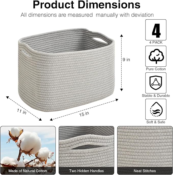 ICERZCZ Woven Cotton Rope Storage Baskets for Organizing & Shelves, Organization Bins for Dog Toys, Clothes, Books, Nursery Organizer, 15"x11"x9", Grey (4 Packs) - Image 2