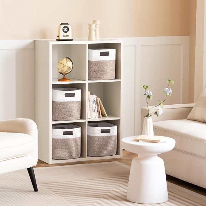 Dreamcountry 13x13 Cube Storage Bins, Storage Cubes with Handles, 4 Pack Cotton Rope Basket for Shelves, Cube Storage Organizer forToys, Book, Clothes, Home, Office, Nursery, White/Brown - Image 5