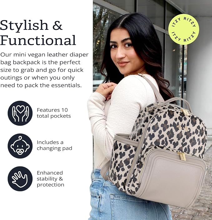 Itzy Ritzy Mini Diaper Bag Backpack - 10 Pockets w/Changing Pad (Leopard) | Chic Mini Plus Diaper Bag with 2 Insulated Bottle Pockets, Key Lanyard, Wipeable Changing Pad, Grab-Top Handle & Rubber Feet - Image 5