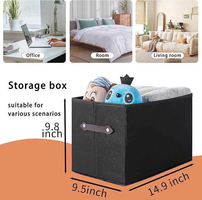 1 Pack Large Collapsible Storage Baskets for Shelves,14.9"x9.5" Fabric Closet storage Boxes with Leather Handles,Decorative Organizers Storage Bins for Clothes,Sheets,Toys,Books,(Black) - Image 2