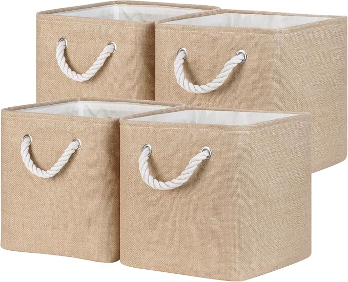 Temary Cube Storage Bins 11 Inch Fabric Storage Baskets 4 Pack Collapsible Storage Cubes Baskets for Gift Empty, Cube Organizer Bins Cloth Basket for Shelves (Linen Yellow) by TEMARY