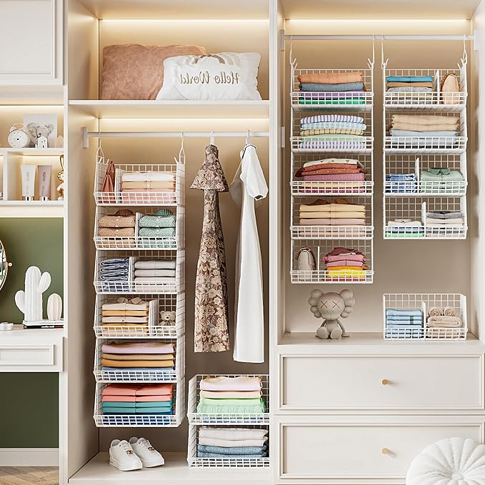 6 Tier Extra Large Hanging Closet Organizer, Closet Storage Hanging with Dividers, Wire Closet Shelf with 5 S Hooks 4 Dividers,Sweater Handbag Hat Accessory Storage Hanger,White - Image 3