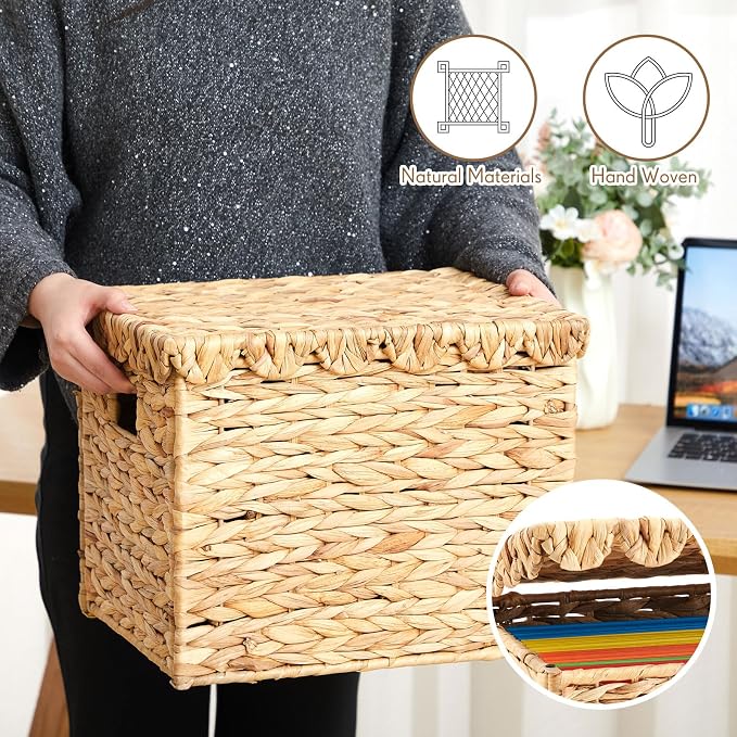 Jingmore Water Hyacinth File Storage Box with Scalloped Lid Collapsible Letter Size Hanging Filing Organizer Basket for Home Office, Woven Decorative Document Storage Box (Letter Size) - Image 5