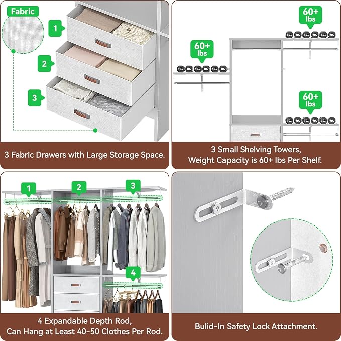 5FT Small Closet System with 3 Fabric Drawers, 60 Inches Walk In Closet Organizer System With 3 Adjustable Shelves, Heavy Duty Clothes Rack Built-In Garment Rack, 59" L x 16" W x 71" H, Grey - Image 5