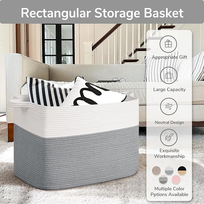 Goodpick 105L Extra Large Woven Blanket Basket Cotton Rope Storage Baskets for Organizing, Rectangle Baby Laundry Basket for Living Room Home Decor, 25"x16"x16", White & Gray - Image 7