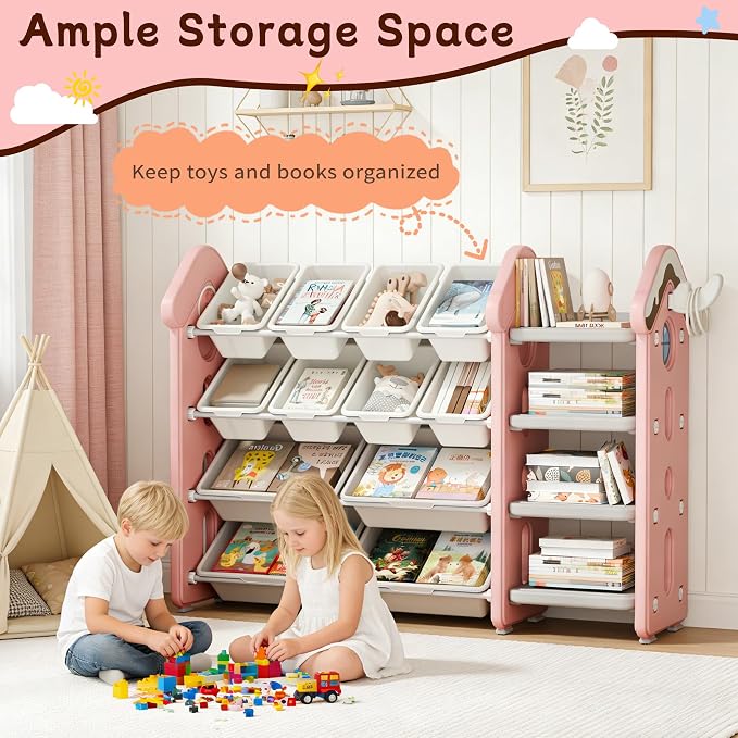 Pipleo Kids Toy Storage Organizer with 12 Removable Bins, Toy Organizers and Storage with 4-Tier Bookshelf for Kids Toy Storage Organizer (Pink) - Image 7
