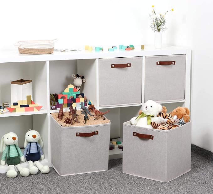 Temary Fabric Storage Cubes Storage Bins with Dual Leather Handles, 4 Pack Cube Baskets 13x13 Foldable Cube Organizers for Shelves, Home, Office, Nursery - Image 6