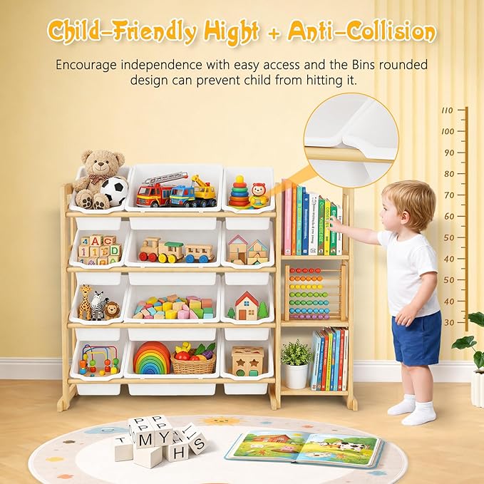 Toy Storage Organizer with 12 Bins & 3-Tier Bookshelf - White | 12 Removable Bins Keep Toys Sorted; 3-Tier Kids Bookshelf Creates Easy-Access Storage for Kids Rooms and Playrooms - Image 4