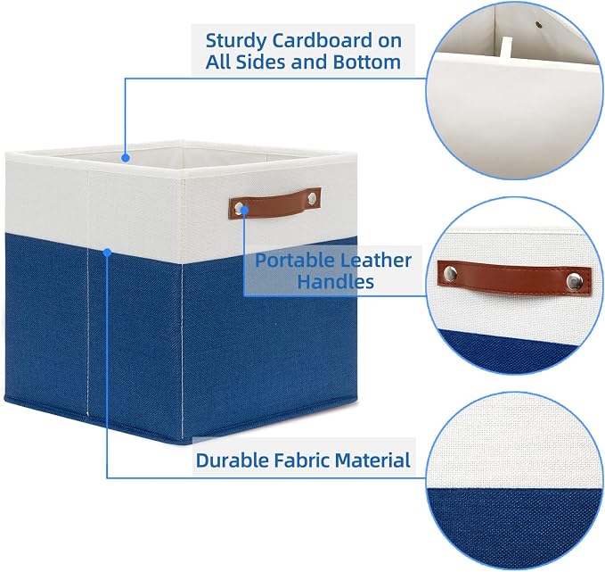 Temary Collapsible Storage Boxes - 12x12 Blue Cube Storage Bins with Handles for Organizing Home, White&Blue - Image 3