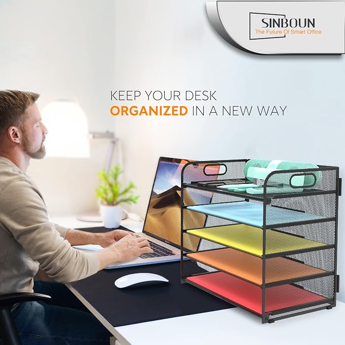2 Pack Letter Tray 5-Tier Desk Organizer File Paper Holder with Handle, Metal Desktop Document Shelf Tray Office Classroom Organization - Black - Image 6