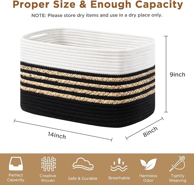UBBCARE 4 Pack Baskets for Organizing, Woven Storage Baskets for Toys and Towel, Rectangle Cotton Rope Basket with Handles, 14''L x 8''W x9''H, Black - Image 2