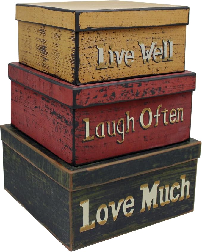 Primitive Vintage Square “Live Well, Laugh Often, Love Much” Cardboard Nesting Boxes, Large 11 X 11 X 5-1/2 Inch. Set of 3. by CVHOMEDECO