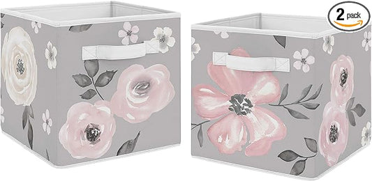 Sweet Jojo Designs Grey Watercolor Floral Foldable Fabric Storage Cube Bins Boxes Organizer Toys Kids Baby Childrens - Set of 2 - Blush Pink Gray and White Shabby Chic Rose Flower Farmhouse by SweetJojoDesigns