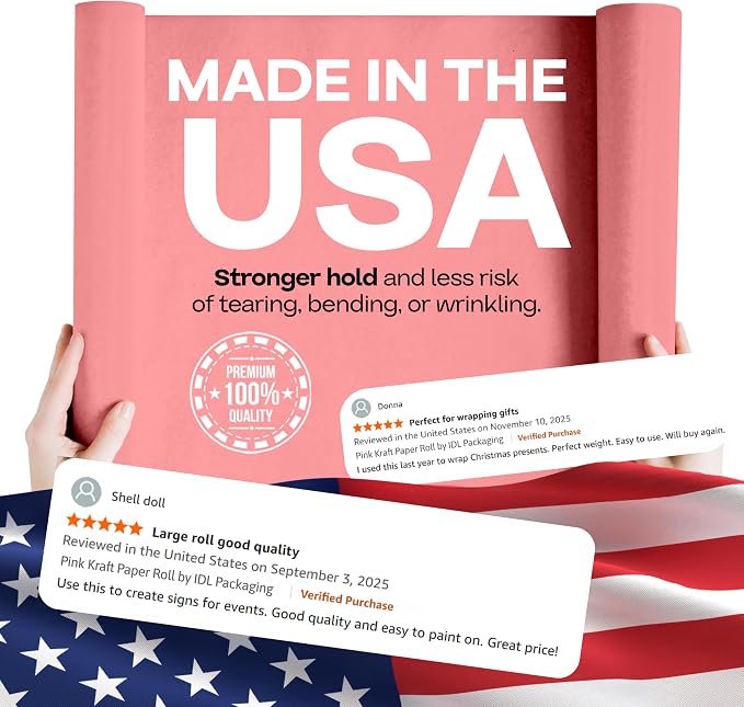 12" x 1200" (100 feet) Pink Kraft Paper Roll - USA-Made Quality Craft Paper for Gift Wrapping, Kids' Arts & Crafts, School Projects - 100% Recycled Natural Material 50lb Thickness by IDL Packaging - Image 3