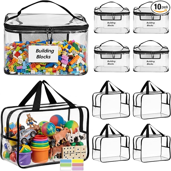 Clear Toy Storage Bags, 10-Pack PVC Organizer Bags with Labels | Reusable PVC bags with zipper, label and manual pockets for blocks, board games, puzzles, books, classrooms and travel by Unknown