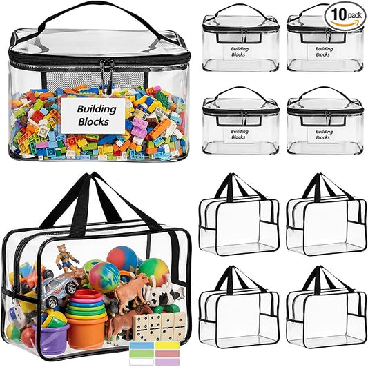 Clear Toy Storage Bags, 10-Pack PVC Organizer Bags with Labels | Reusable PVC bags with zipper, label and manual pockets for blocks, board games, puzzles, books, classrooms and travel by Unknown