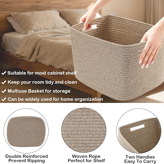 3 Pack Woven Baskets,Storage Baskets for Shelves with Handles | 13.5"×11"×9.5", Closet Baskets, Nursery Organizer for Toys Towels Books, Storage Bin for Living Room Bedroom (Mixed Brown) - Image 3