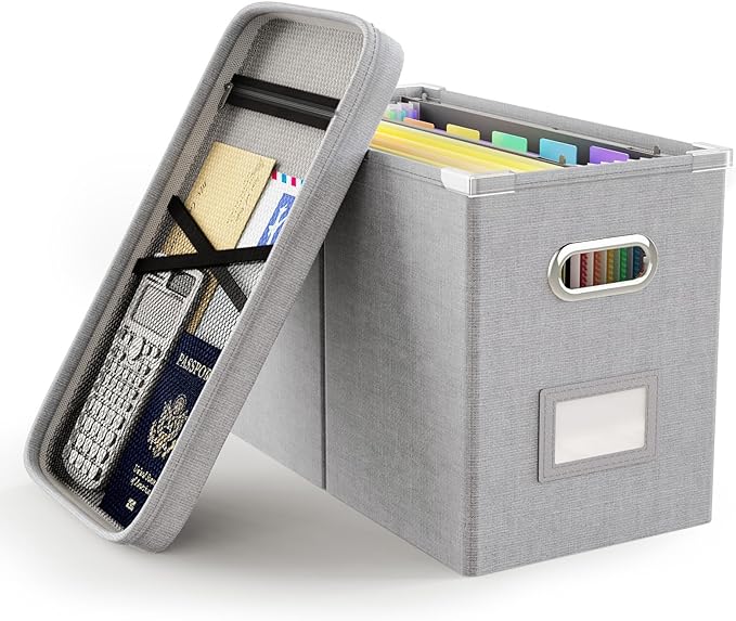File Organizer with Lid, Hanging Filing Box with Mesh Pocket, Document Organizer for Letter Files, Portable Storage Box with Smooth Sliding Rail for Office & Home (1 PCS, Light Grey) by Oterri
