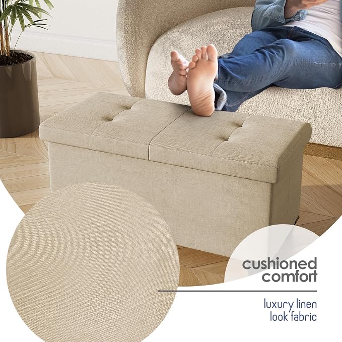 Storage Ottoman Bench with Bins, 30-in Storage Bench for Bedroom End of Bed, Folding Foot Rest Ottoman for Living Room Max 660lbs, Fabric Ottomans, Beige - Image 7