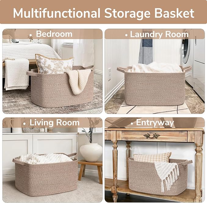 Goodpick Large Woven Rope Blanket Basket, Rectangle, Brown, 75L | 21.6'' x 14.9'' x 11.8'' Storage Basket for Blankets, Toys & Clothes, Living Room & Nursery Organization, Reinforced Handles - Image 4
