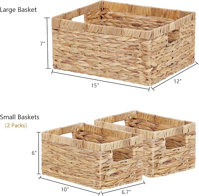 Wicker Basket, Set of 3 Hand-woven Storage Baskets for Organizing, Water Hyacinth Wicker Storage Basket Bins with Handles, Small Toilet Paper Storage Baskets for Shelves Pantry Baskets - Image 2