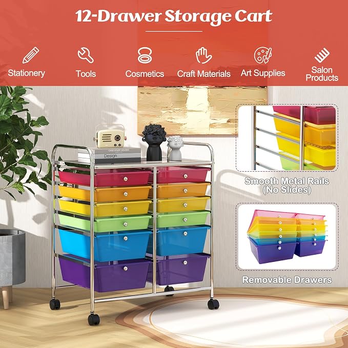 Moccha 12-Drawer Rolling Storage Cart - Utility Cart on Wheels with Lockable Casters for Craft Art Supply Paper Salon, Mobile Drawer Carts for Classroom Teacher School Office (Rainbow) - Image 4