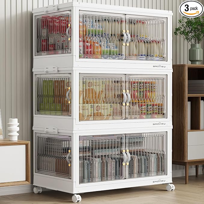 BROVIEW 360Qt Stackable Storage Bins with 3 Lids, Front and Side Open Doors, Plastic Collapsible Closet Organizer and Storage Cabinet, Foldable Box with Wheels Drawer for Home Office, 3Pack White by BROVIEW-EnjoytheArtofLife