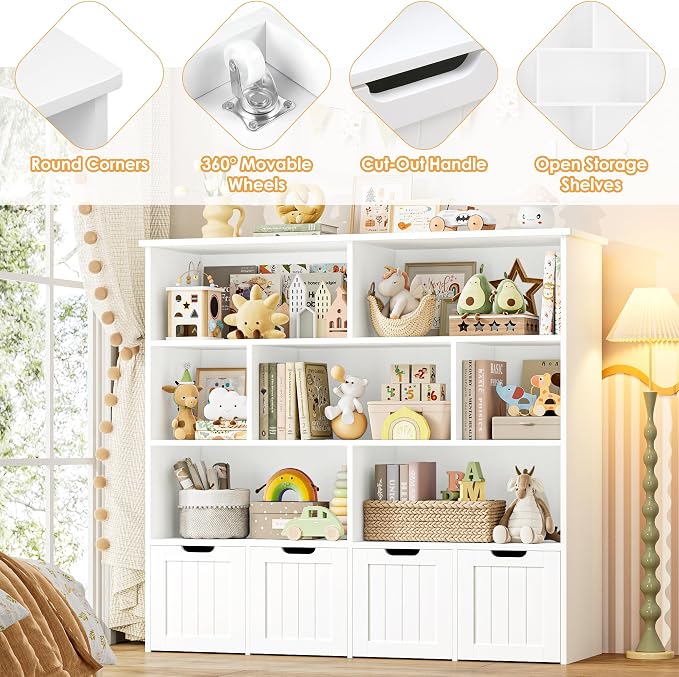 Toy Storage Organizer with Movable Drawer Toy Organizer for Kids | Kids Bookshelf and Toy Chest Storage with Hidden Wheels, Toy Organizers and Toy Storage for Playroom, White - Image 6